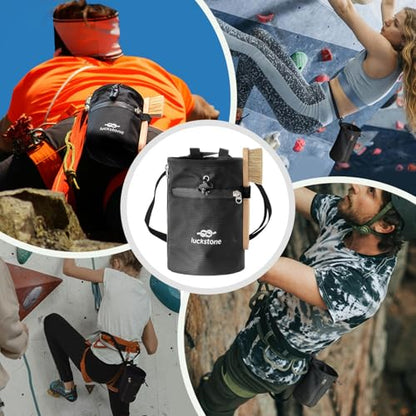 Climbing Chalk Bag 5x7.5 Fleece-Lined Waterproof 420D Oxford Chalk Bag with 24-43" Waist, Drawstring, Brush & Zipper Pockets for Men Women for Rock Climbing