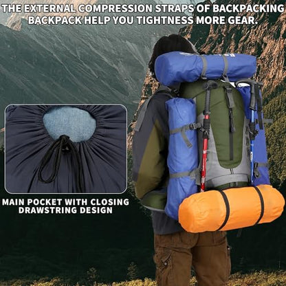 75L Hiking Backpack with Rain Cover Waterproof Camping Backpack Shoes Warehouse for Men Women, Frameless - color: Armygreen, size: 60L