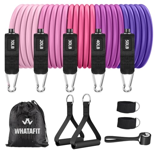 WHATAFIT Resistance Bands with Handles, 5-Level Exercise Bands for Workout | Natural latex,10-50 lbs, stackable to 150,Ankle Straps, Door Anchor,Guide. For Strength, Yoga,Home Gym,Travel & Workout. - color: Pink Purple