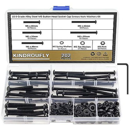 202 Pieces Black M5 x 30/35 /40/45 /50 mm Button Head Socket Cap Screws Nuts Washers Assortment Kit, 10.9 Grade Alloy Steel - size: M5 x 30/35/40/45/50mm, style: Button Head