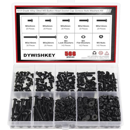 DYWISHKEY 566 Pieces M3 Black Screws, 10.9 Grade Alloy Steel M3x 5/6 /8/10 /12/16 /20mm Button Head Socket Cap Screws Bolts Nuts Washers Assortment Kit - size: M3, style: Button Head Socket Cap
