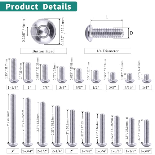 1/4-20 x 1-1/2" Button Head Socket Cap Bolts Screws, 304 Stainless Steel 18-8, Allen Hex Drive, Bright Finish, Fully Machine Thread, Pack of 50 - size: 1/4-20 x 1-1/2