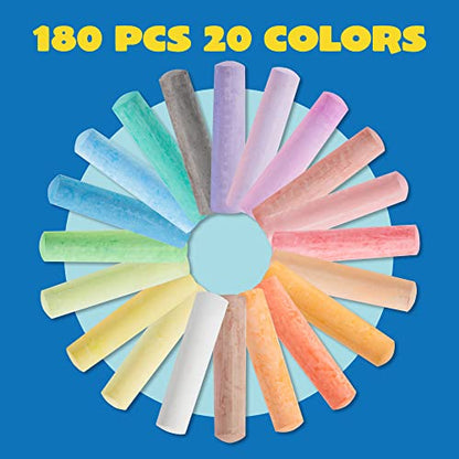 JOYIN 180 PCS Washable Sidewalk Chalks Set in 20 Colors Non-Toxic Jumbo Chalk for Outdoor Art Play, Painting on Chalkboard, Blackboard and Playground