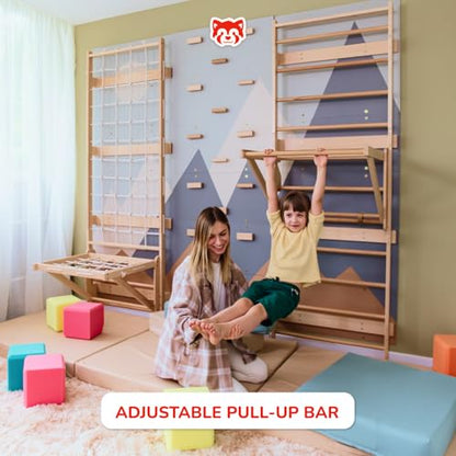 Wood And Hearts 4in1 Modular Swedish Wall Gym Set for Kids Indoor Active Play – Wooden Swedish Ladder with Adjustable Pull-Up Bar, Rope Climbing Wall & Rock Climbing Panels (Base Set + Sit-Up Bar) - style: Base Set + Sit-Up Bar