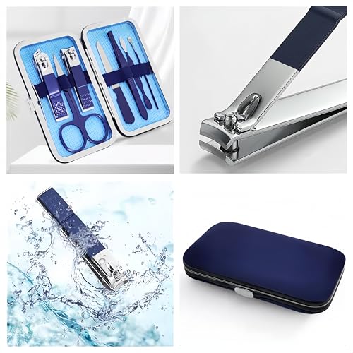 QURIPE 7pcs Manicure Set, Nail Clippers Kit, Stainless Steel Manicure Kit, Nail Clipping Tools Portable Travel Grooming Kit, The Best Gift with Luxurious Case (Blue) - color: Blue