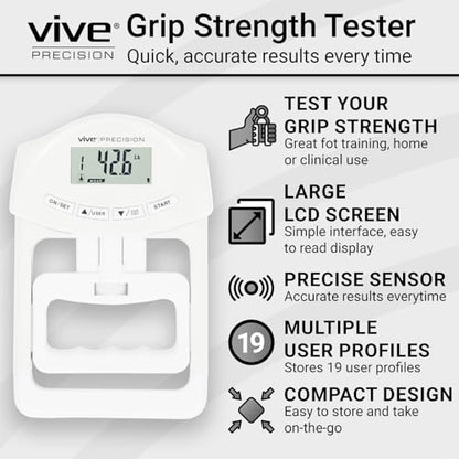 Vive Precision Grip Strength Tester - Hand Grip Dynamometer - Handheld | Digital Grip Measurement Meter Device Trainer Power 198 Lbs / 90 Kgs - Strengthener Exerciser for Sports, School and Home Use