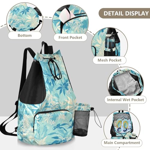 GuoChe Drawstring Backpacks Gym Swim Bag With Inside Pockets Pull String Bag Waterproof Climbing Pale Turquoise Leafs - color: Climbing Pale Turquoise Leafs
