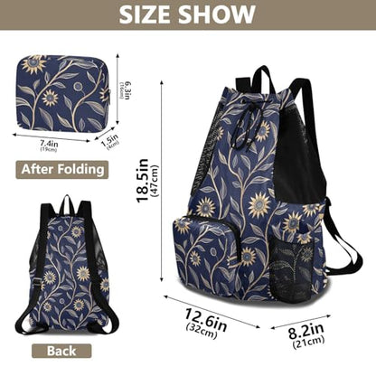 Drawstring Bags Climbing Gym Bag With Pockets Cinch Back Sack Wet and Dry Separation Sunflower Dark Blue