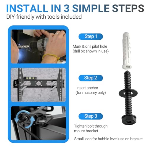 22PCS TV Wall Mount Hardware Kit, M8 Lag Bolt Kit with Anchors, Washers, Bubble Level, Allen Key & 2 Drill Bits, Heavy-Duty TV Mounting Screws for Wood Stud, Brick & Concrete - size: 22P