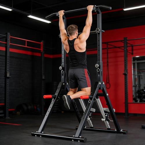 DlandHome Foldable Pull Up Bar Dip Station With Stair Stepper, Adjustable Multifunction Workout Power Tower Pull-up Bars for Home Gym, Strength Training Equipment, Triangular Legs, Up to 330lbs