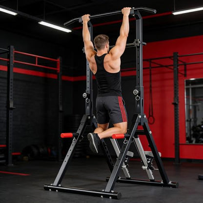 DlandHome Foldable Pull Up Bar Dip Station With Stair Stepper, Adjustable Multifunction Workout Power Tower Pull-up Bars for Home Gym, Strength Training Equipment, Triangular Legs, Up to 330lbs