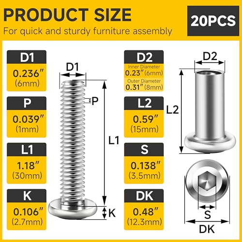 Mywish 10Sets M6 x 30mm Flat Head Hex Socket Cap Screws Bolts and Barrel Nuts Kit, 304 Stainless Steel Furniture Connector Bolts, Metric M6 Countersunk Binding Screws for Crib Cabinet with Hex Spanner - size: M6 x 30mm