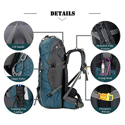 Bseash 60L Waterproof Hiking Camping Backpack with Rain Cover, Large Outdoor Sport Travel Daypack Rucksack for Climbing - color: Blue Green