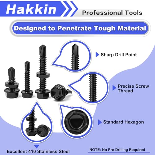 #8#10#14 470Pcs Self Drilling Screws for Metal, Hakkin Self Tapping Tek Screw Assortment Kit, Black Oxide 410 Stainless Steel Sheet Metal Screws Hex Washer Head 1/2" 3/4" 1" 1-1/2", Socket Included - size: 470PCS #8 #10 #14 Self Drilling Screws Black