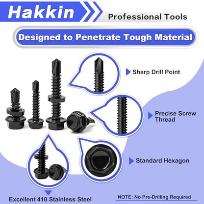 #8#10#14 470Pcs Self Drilling Screws for Metal, Hakkin Self Tapping Tek Screw Assortment Kit, Black Oxide 410 Stainless Steel Sheet Metal Screws Hex Washer Head 1/2" 3/4" 1" 1-1/2", Socket Included - size: 470PCS #8 #10 #14 Self Drilling Screws Black