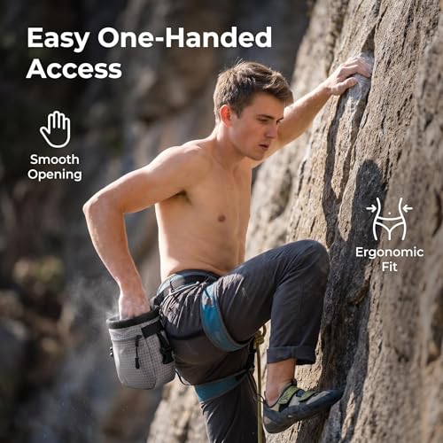 Rock Climbing Chalk Bag, 210D High-Tensile Polyethylene Durable Chalk Bag with Fleece Lining & Adjustable Belt, for Bouldering, Gym, Weightlifting - color: Grey