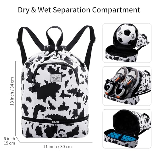 Dry Wet Drawstring Backpack with Shoe Compartment for Women Adjustable Gym Bag - color: Cow