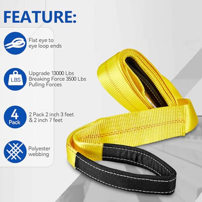 Pindex 2 Pack 2" x 3' & 2 Pack 2" x 7' Web Lifting Sling 13000 Lbs Breaking Force 3500 Lbs Pulling Forces Lift Sling Straps for Rocks Trees Mowers Tool Boxes in Trailers Tractors Trucks, Yellow
