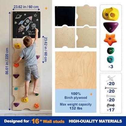 Wooden Rock Climbing Wall for Kids with 15 Rock Climbing Holds | Montessori Climbing Wall for Kids Indoor with Drawing Blackboard, Pre-Drilled Nuts, Home Gym Kids Playroom, Easy Assembly