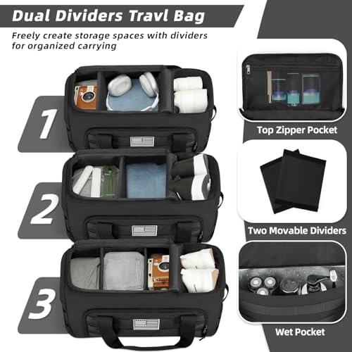 ZOMFELT Gym Bags for Men, 3-in-1 65L Large Sports Duffle Bag for Travel | Sports Basketball Bags with Removable Dividers & Shoe Compartment, Waterproof Weekender Overnight Travel bag, Black - size: Large