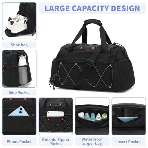 Gym Backpack for Women - 40L Duffel Bag with Shoe Compartment, Travel Weekender, Personal Item, Workout Tote Black