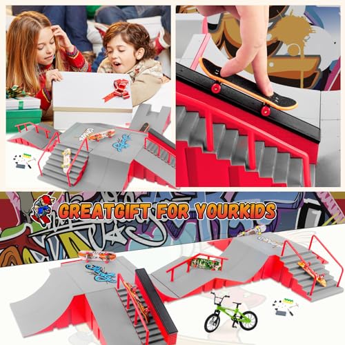CS COSDDI Finger Skateboard Park Kits,14 in 1 Skateboard Finger Toys with 8 Finger Skateboards & 14 Skatepark Deck Ramp,Finger Bike for Boys or Girls Gift,Mini Finger Skateboards Ramp Accessories Set | Build custom skatepark layouts with 14 modular ramps,