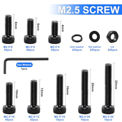 1016PCS M2.5 Screws Kit, M2.5x4/6/8/10/12/16/20/25mm Hex Socket Head Cap Screws Bolts Nuts Washers Kit, 12.9 Grade Alloy Steel Metric Screws for 3D Printer, Electronics, Furniture Repair - size: M2.5 x 4/6/8/10/12/16/20/25mm, style: Socket Head