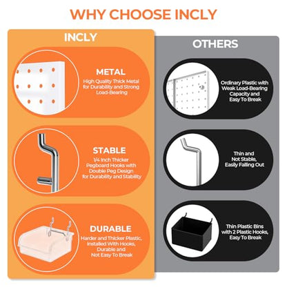 INCLY 70PCS Metal Peg Board Kit with 1/4" Pegboard Accessories | 4 Pack Panels, Bins, Cups and Peg Board Hooks, Paper Towel Holder, Pegboard Wall Organizer, For Craft Room, Office, Sewing - size: 70 PCS