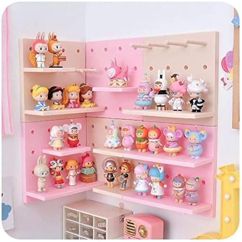 Kawaii Peg Board with Hook, Trinket Shelf for Bedroom, Cute Display Decor | 4 Pack Pegboard Ledges Organizer for Hanging Keychains, Decorative Wall Panel Kits for Blindboxes Lightweight Dolls, Pink - color: Pink Pegboard