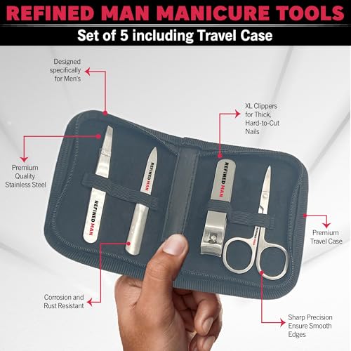 BLKSMITH Refined Man Manicure and Pedicure Kit Set of 5 - Manicure Kit for Men - Nail Clipper Kit with Nail File, Clippers, Scissors, Tweezer & Travel Case - Designed for Men (Black) - color: Black
