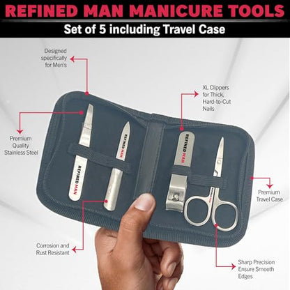 BLKSMITH Refined Man Manicure and Pedicure Kit Set of 5 - Manicure Kit for Men - Nail Clipper Kit with Nail File, Clippers, Scissors, Tweezer & Travel Case - Designed for Men (Black) - color: Black
