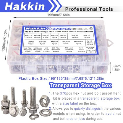 370PCS Metric Flange Bolt Assortment, M6x1.0, M8x1.25, M10x1.5 (12mm to 40mm) Hex Head Bolts and Nuts Assortment, Stainless Steel 304 Flange Bolts Nuts Washers Kit Hakkin, Hex Socket Included - size: Set 13: M6 M8 M10
