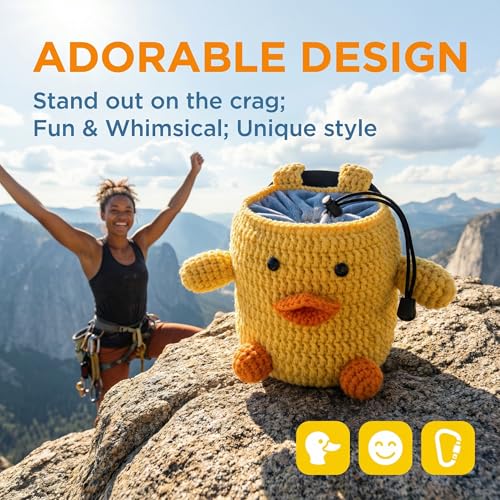 Handmade Crochet Rock Climbing Chalk Bag, Fun Plush Animal Chalk Pouch with Drawstring, Adjustable Waist Belt for Indoor Outdoor Bouldering Sport Climbing - style: Yellow Duck