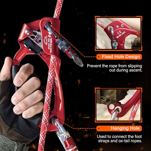 UIAA & CE Certified Rope Ascender Aluminum Alloy Rock Climbing Gear Strong Rigging Rappelling Equipment for Rock Tree Climbing Arborist Rescue Mountaineering Caving - color: Left Hand Red 1