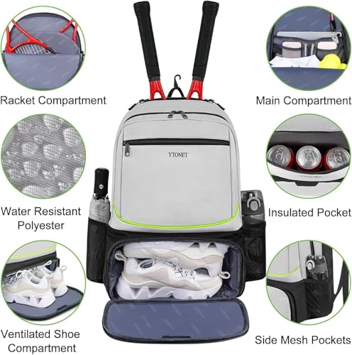 Ytonet Tennis Bag Tennis Backpack for Women Men 2 Rackets | Insulated Pocket and Ventilated Shoe Compartment, Gym Bags with Fence Hook for Pickleball and Badminton Rackets - color: Grey