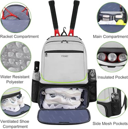 Ytonet Tennis Bag Tennis Backpack for Women Men 2 Rackets | Insulated Pocket and Ventilated Shoe Compartment, Gym Bags with Fence Hook for Pickleball and Badminton Rackets - color: Grey