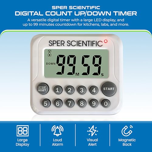 Sper Scientific Digital Count Up/Down Timer with Audible & Visual Alarm 810003 – Timer with Large Display, Loud Alarm & Up to 99 Minute Countdown - for Labs, Cooking, Workouts, Classroom & more - 2 pc - size: 2 Pack