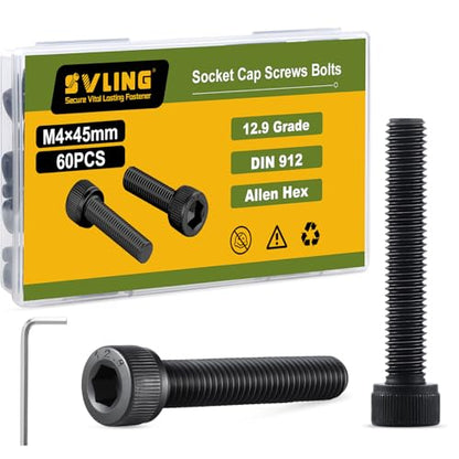 M4-0.7 x 45mm Bolt, 60PCS M4 Hex Socket Head Cap Screws Bolts, 12.9 Grade Alloy Steel, Full Threads, Allen Socket Drive, with Hex Spanner - size: M4x45mm