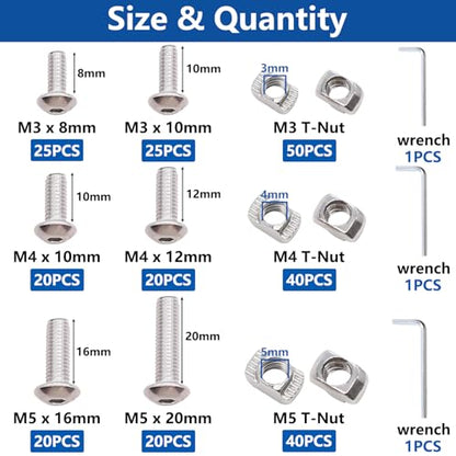 260PCS M3 M4 M5 T Nuts Screws Kit, T Slot Nuts Hammer Head Fastener with Nickel Plated Carbon Steel Button Head Screws for 2020 Series Aluminum Extrusion Profile - color: Silver-M3 M4 M5