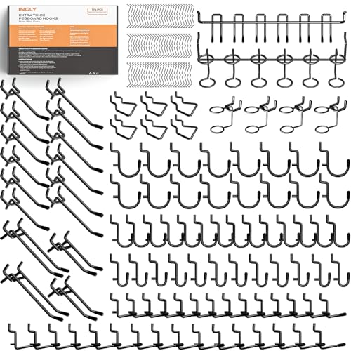 INCLY 176PCS Black Pegboard Hooks with Peg Locks, 1/4" Heavy Duty Metal | Peg Board Hooks Assortment, With Peg Locks, Pegboard Accessories Organizer Kit, For Garage Wall Organizer Hanging Tools - color: Black