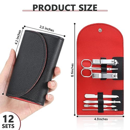 12 Set Manicure Set Bulk Mini Manicure Nail Clipper Kit 7 in 1 Stainless Steel Professional Nail Care Pedicure with Travel Portable Bag Grooming Kits for Women Men Home(Black) - color: Black