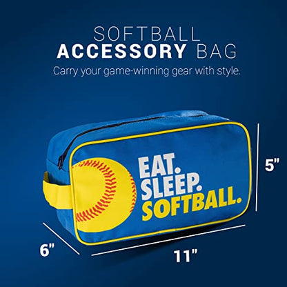ChalkTalkSPORTS Softball Toiletry Bag - Eat Sleep Softball - Yellow Blue | Polyester, Center Zipper, Side Handle, 11 x 6 x 5 Inches, Sports Camp Bag, Makeup Bag, Makeup Pouch, Softball Gift - color: Eat Sleep Softball