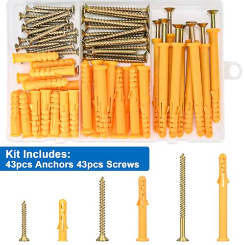 Aovchei Drywall Anchors Kit, 86pcs, 43 Plastic Drywall Anchors and 43 Philips Flat Head Screws, 3 Size #8 * 40#8 * 60#8 * 80, Wall Hanging Kit for Hanging Picture Frame, Shelf Brackets, Curtain Rod - size: #8*40 #8*60 #8*80