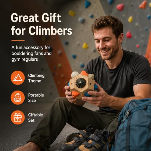 Climber's Gift Wooden Boulder Block Grip Trainer with 12 Resin Holds | Customizable Hold Layout, Portable & Handheld, Includes Canvas Bag, Mini Boulder Keychain, Screws & Tools Included