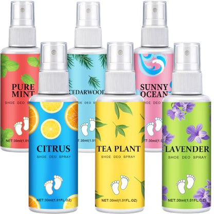 6 Pack Shoe Deodorizer Spray, Powerful Foot Odor Eliminator Shoe Freshener | 6 Scents with Lasting Fragrance, Refresher Spray for Smelly Shoes, Sneakers, Boots, Up to 400 Uses, Travel Size Each 1.01oz