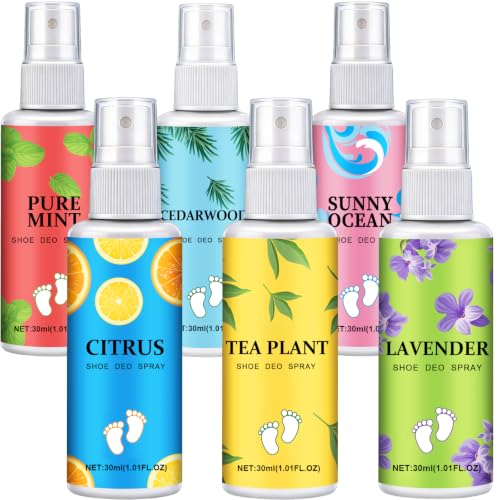 6 Pack Shoe Deodorizer Spray, Powerful Foot Odor Eliminator Shoe Freshener | 6 Scents with Lasting Fragrance, Refresher Spray for Smelly Shoes, Sneakers, Boots, Up to 400 Uses, Travel Size Each 1.01oz