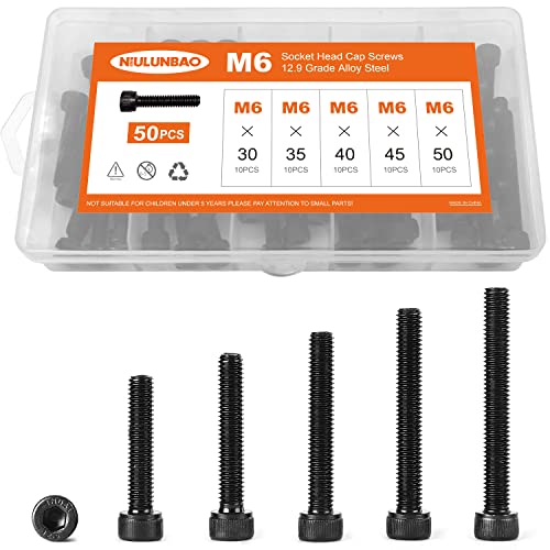 M6 x 30mm 35mm 40mm 45mm 50mm Hex Socket Head Cap Screws Bolts 12.9 Grade Alloy Steel, Black Oxide Finish, Metric Allen Hex Drive, Machine Fully Threaded, Assortment Kit 50PCS - size: M6 x 30/35/40/45/50mm (50PCS)