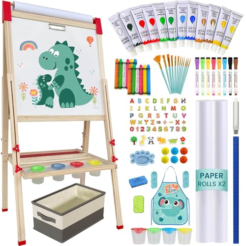 Adjustable Wooden Art Easel for Kids,Double Sided Chalkboard & Whiteboard | Drawing & Painting Station with 114+ Art Supplies,Height Adjustable Magnetic Board for Toddlers Ages 3-12,2 Paper Rolls - color: green