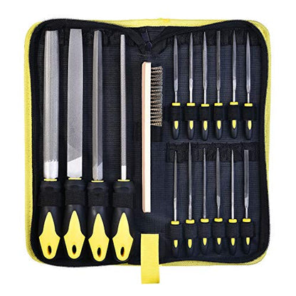 Metal File Set, Large Flat File/Half-Round File/Triangle File/Round File and 12 pcs Needle Files with Storage Bag and Steel Brush for Woodwork, Metal, Leather and Plastic - color: Black-17pcs