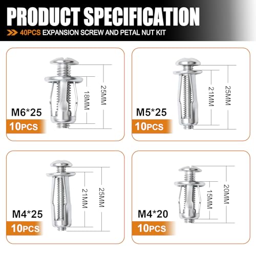mankk 40PCS Expansion Screw and Petal Nut Kit M4 M5 M6 M8 Jack Car Metal Screw Petal Shape Metal Nut Anchor Screw for Hollow Wall Iron Skin Plasterboard M-175-40PCS